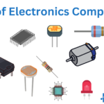 Illustration of various electronics components like resistors, capacitors, transistors, and ICs.